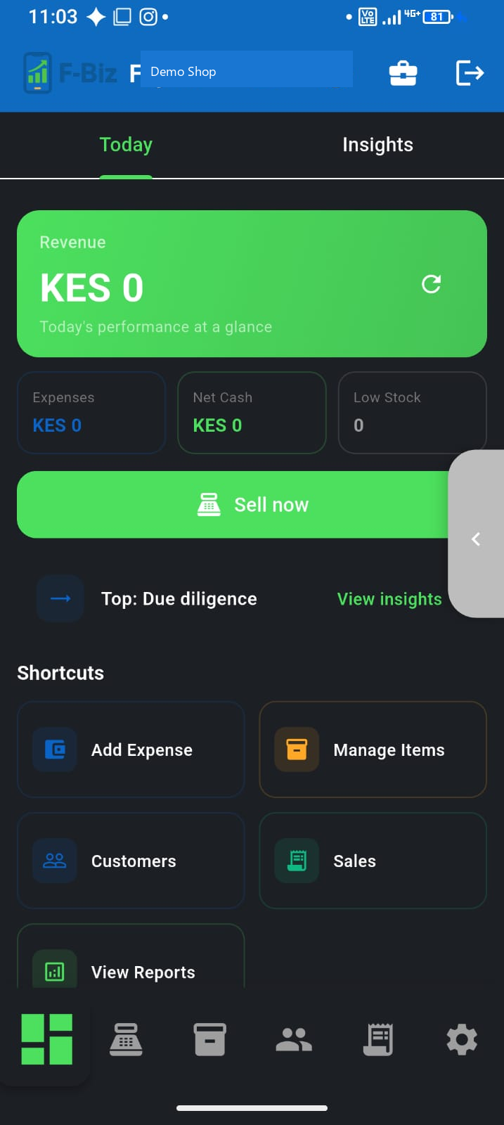 F-Biz dashboard showing today revenue for a retail supermarket in Kenya