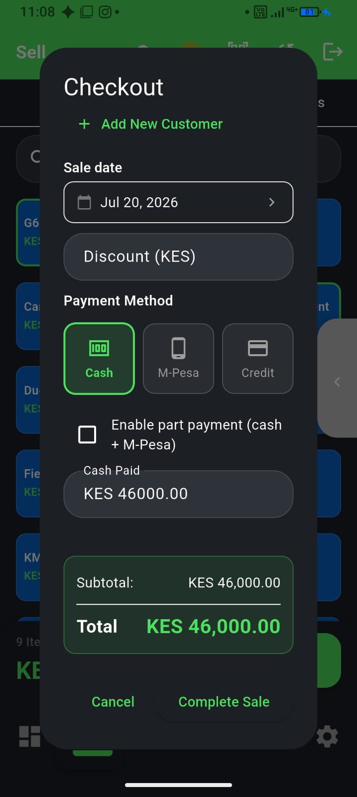 M-Pesa at the counter — F-Biz app screenshot