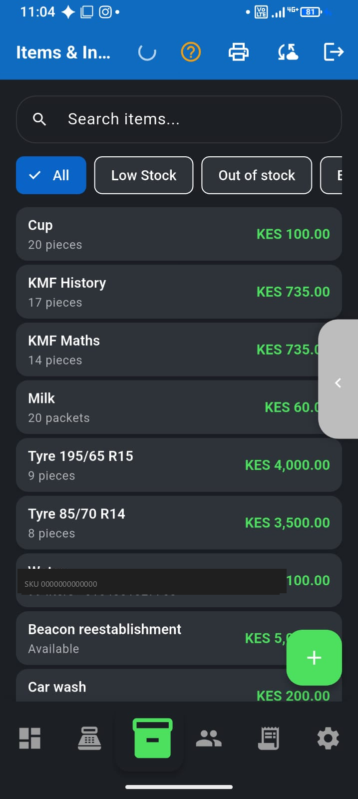 F-Biz inventory list showing stock levels for a chemist shop in Kenya
