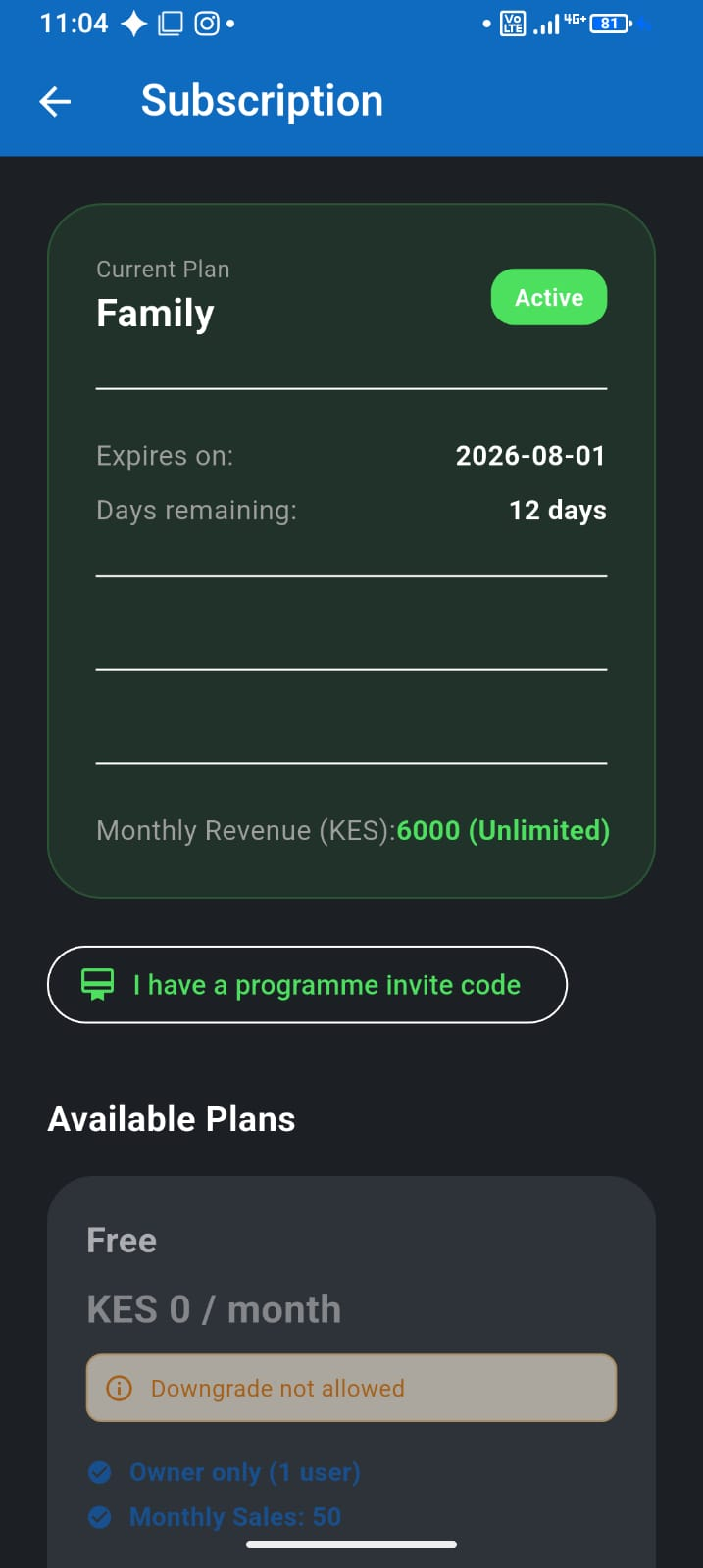Free, PAYG, Grow & Family plans — F-Biz app screenshot