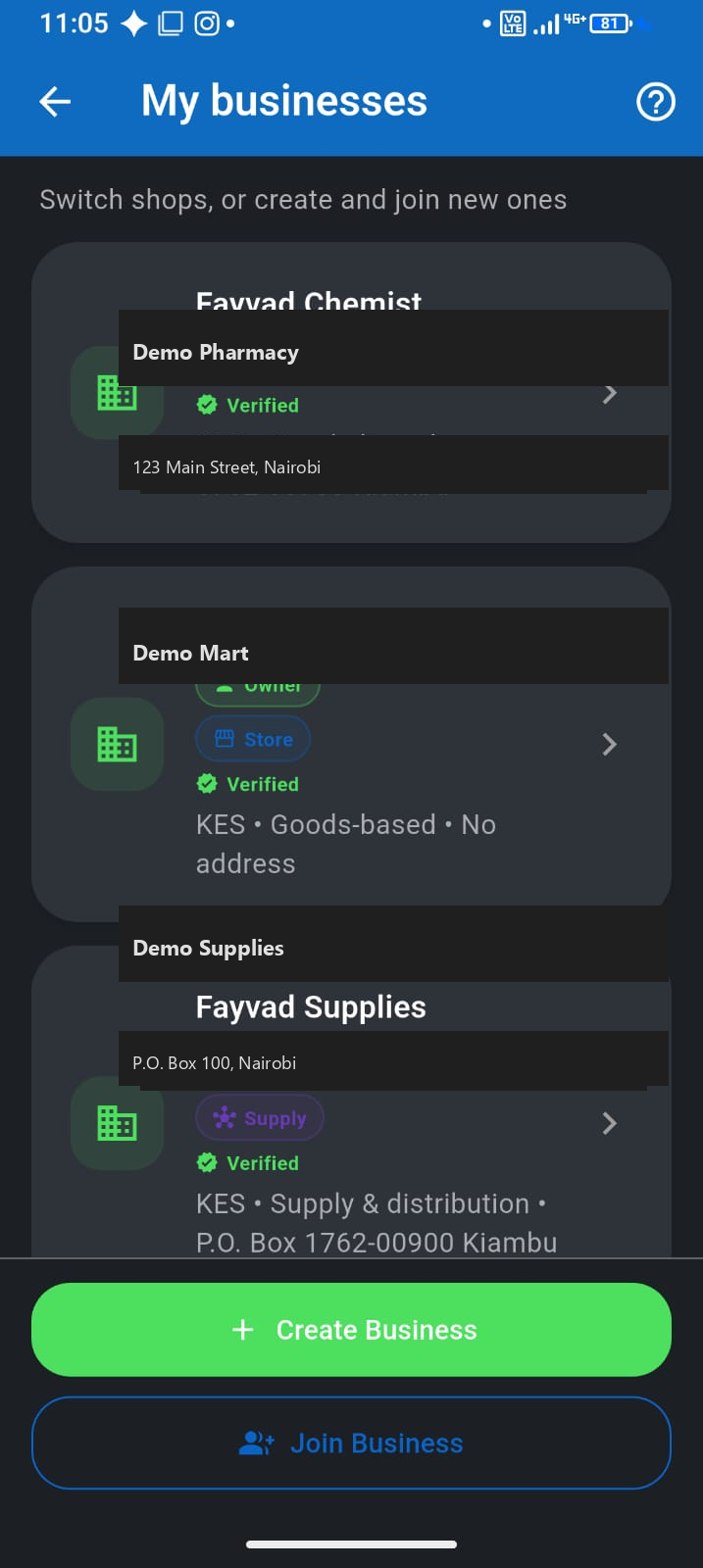 Multiple businesses on one phone — F-Biz app screenshot