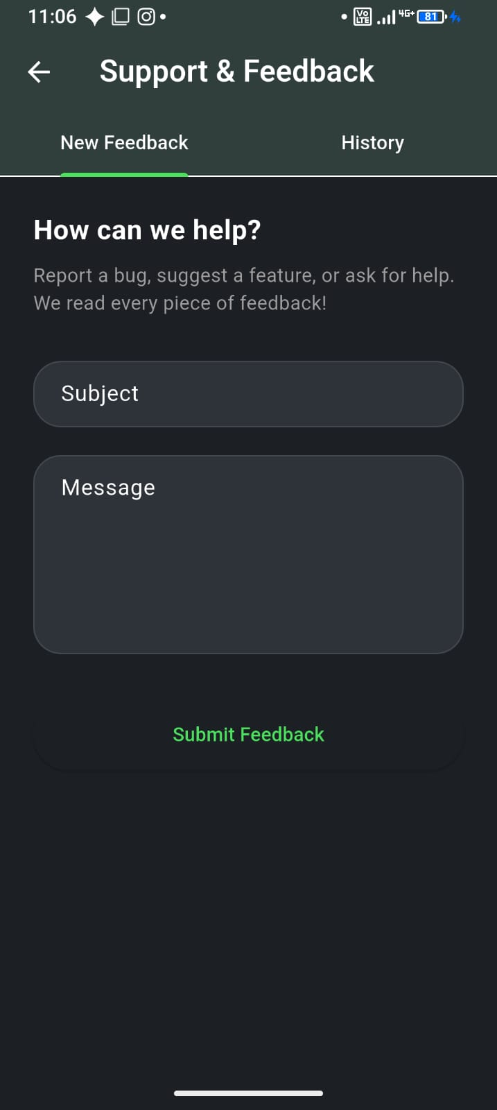 F-Biz support and feedback screen